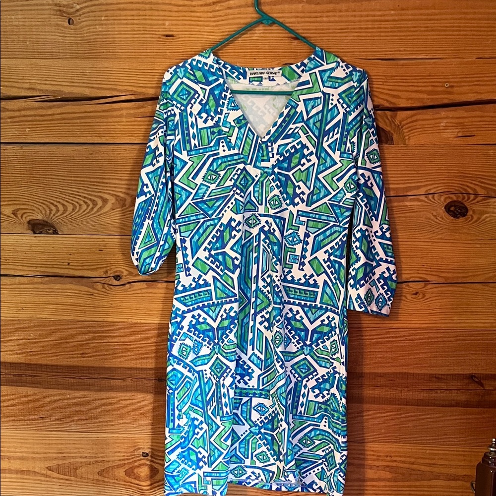 Geometric Print Midi Dress - Blue and Green